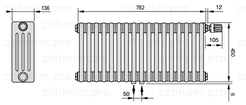Схема (чертеж) Радиатор Zehnder Charleston 4045/17 №V008 Белый глянцевый RAL 9016